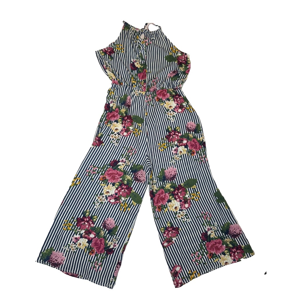 Women's My Michelle Blue Stripes  Floral Multicolor Jumpsuit Size L